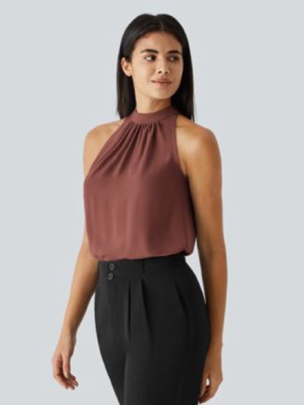HALARA Mauve Brown High-Neck Sleeveless Blouson Top - Picture 3 of 5